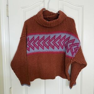 Free People Brown Purple Pink Patterned Cowl Neck Sweater FLAWED Oversized XS